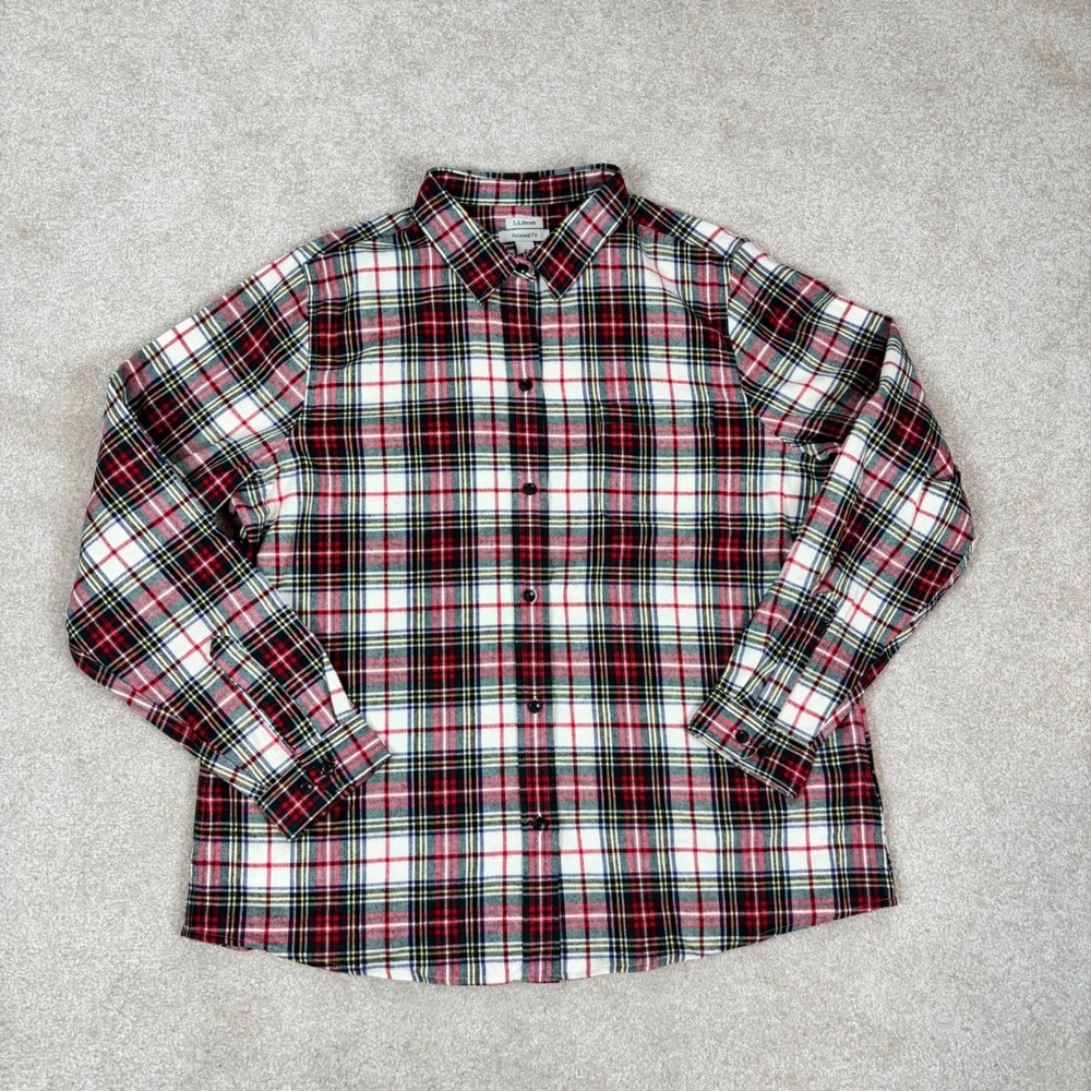 LL Bean Womens XL Relaxed Fit Flannel Shirt Red White Plaid Cotton 273137